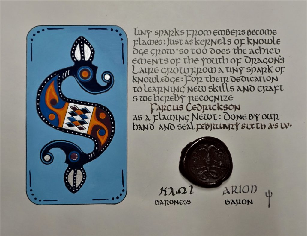 Wyvern/horse based on an early Celtic grave find on the left with a light blue background, black body with red and white highlights. Calligraphy on the right and the DL seal