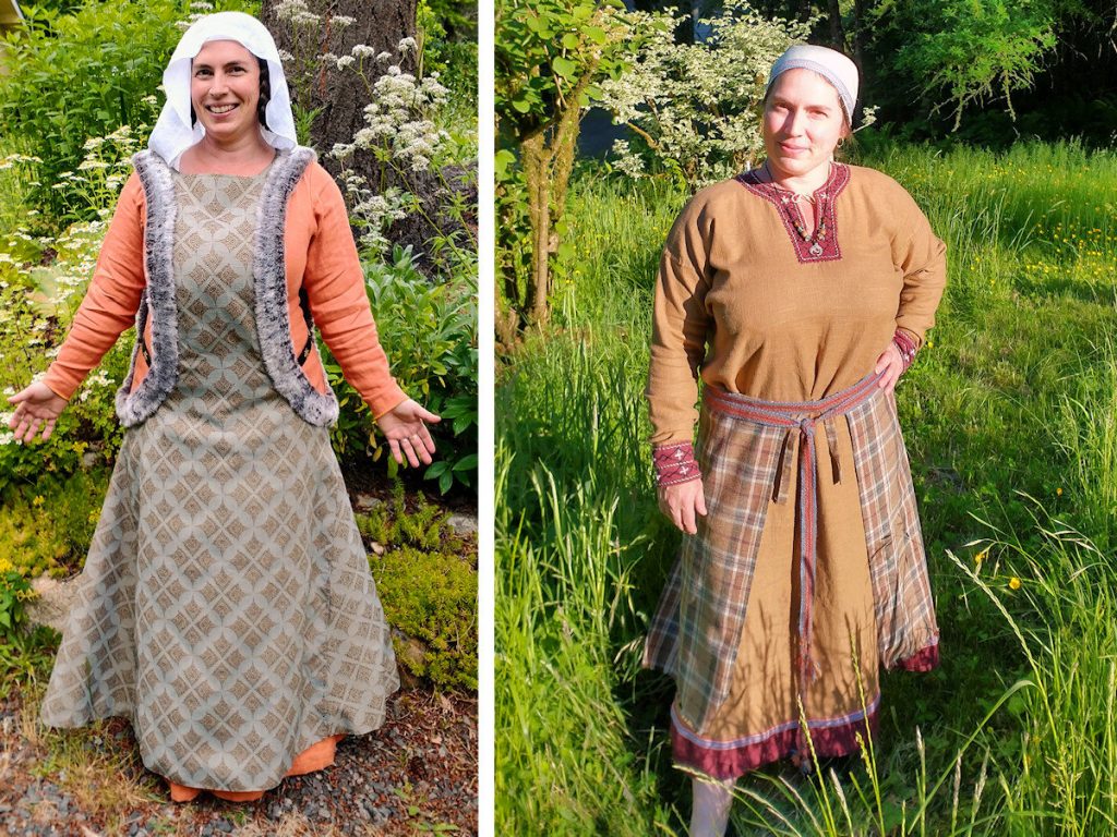 Caterina in 14th century French "fancy" and 10th century Slavic "everyday" garb.